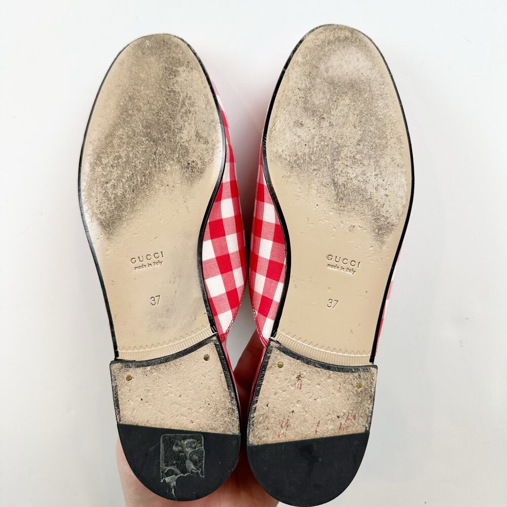 Gucci Princetown Mule Red White Plaid Gold Horsebit Vichy Checkered Size 37 US 7 - Picture 11 of 14